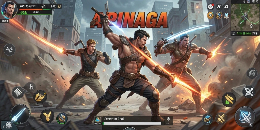 Tangkapan layar APINAGA menampilkan pertempuran intens dengan efek visual yang menawan.