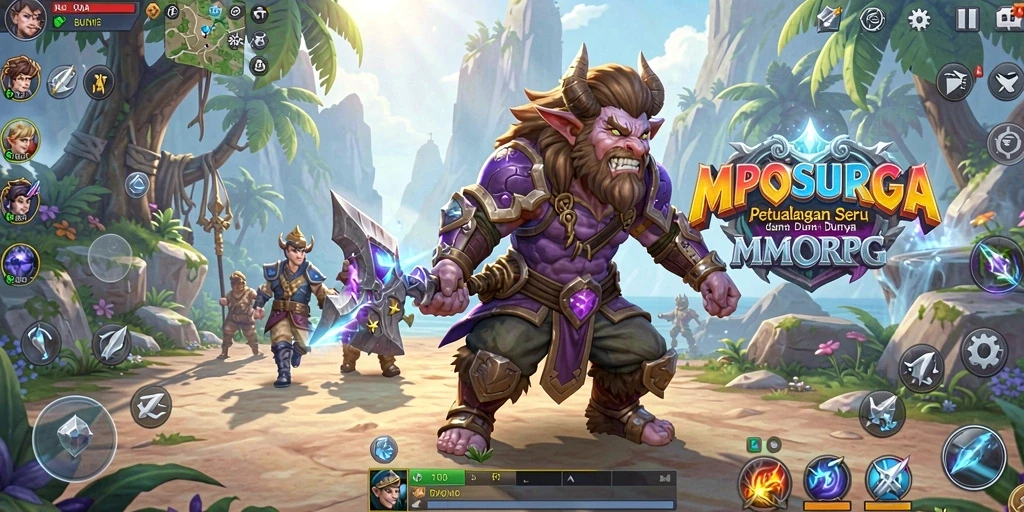 Screenshot gameplay utama MPOSURGA yang menunjukkan pertempuran epik.