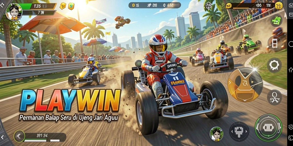 Tampilan aksi balapan seru di PLAYWIN dengan mobil keren.