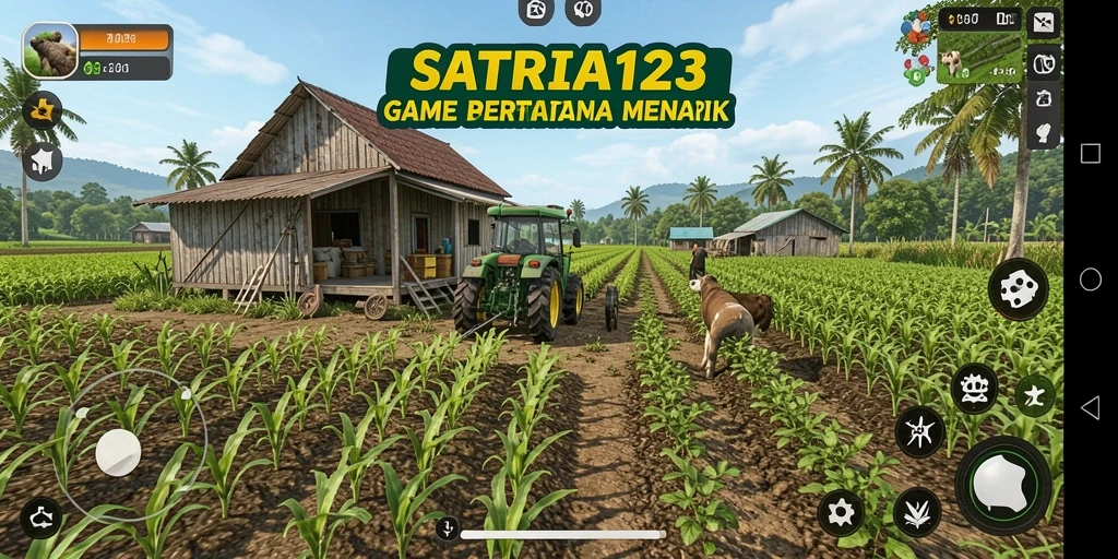 Tampilan gameplay SATRIA123 saat mengelola pertanian yang ramai.